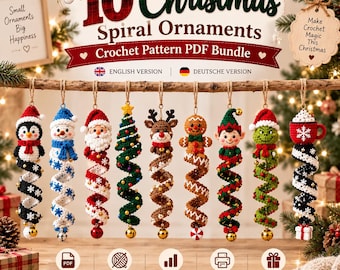 10 Christmas Spiral Ornaments Crochet Pattern Bundle PDF, Snowman Santa Tree Amigurumi, Spiral Spring Decor