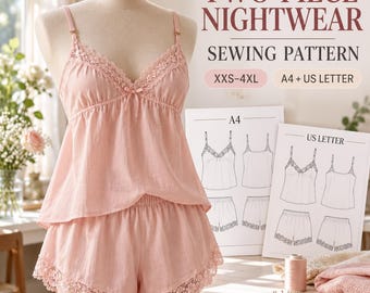 Two-Piece Nightwear Sewing Pattern, Cami Top & Shorts, XXS–4XL PDF