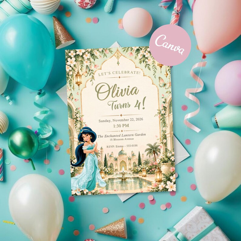 Editable Princess Birthday Invitation: Canva Template for Aladdin ...