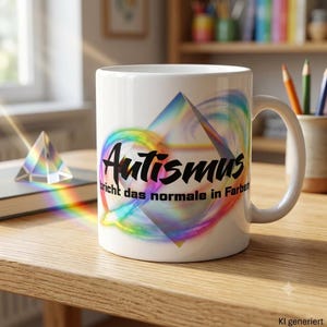 May include: A white ceramic mug featuring a central diamond shape with a rainbow light refraction effect. The text "Autismus bricht das normale in Farben" is printed in black across the center. The design includes swirling colorful light patterns.