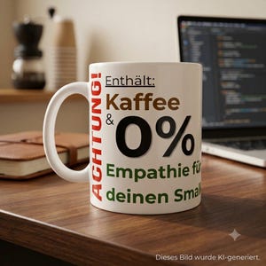 May include: A white ceramic mug featuring the German text "ACHTUNG! Enthält: Kaffee & 0% Empathie für deinen Smalltalk" printed in red, brown, black, and green. The mug has a standard cylindrical shape with a curved handle on the left side.