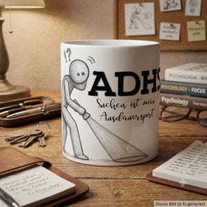 May include: A white ceramic mug featuring a black line drawing of a stick figure holding a flashlight, with the text ADHS and the German phrase Suchen ist mein Ausdauersport printed in black ink on the side of the mug.