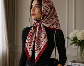 Lyxig sidenhuvudduk för kvinnor röd tryckt hijab fyrkantig halsduk elegant designerstil