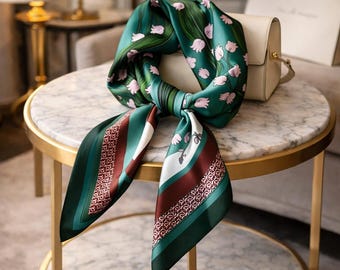 Lyxig sidenscarf grön blommig elegant fyrkantig huvudscarf present till kvinnor