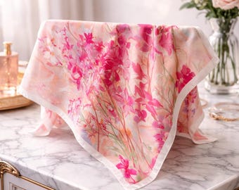 Blommig sidenhalsduk rosa elegant fyrkantig huvudduk lätt moderiktig sjal för kvinnor