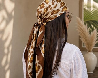 Sidenleopardhuvudduk, håromslag för kvinnor, elegant bandana, snygg bohemisk huvudbonad