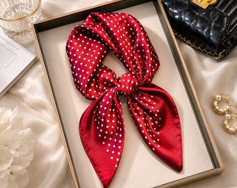 Red Polka Dot Satin Scarf, Women's Neck Scarf, Hair Wrap, Headband, Vintage Style Bandana Accessory