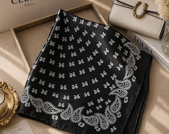 Svart sidenhalsduk i paisley-stil, lyxig fyrkantig huvudduk, elegant bandana-stil, present till henne