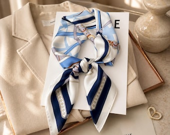 Sidenscarf Blå Vit Elegant Halsduk Lyxig Håromslag Chic Gåva För Kvinnor