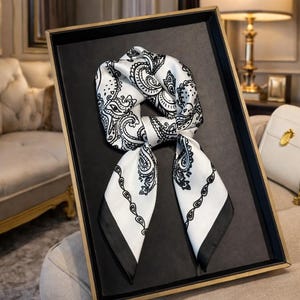 Black White Paisley Silk Scarf, Elegant Neck Hair Accessory (Gift Box)