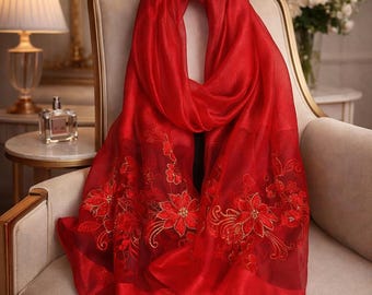 Luxury Red Silk Scarf Floral Embroidered Elegant Shawl Sheer Wrap Gift for Her