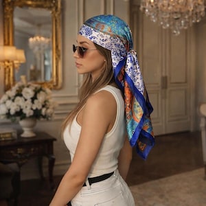 Luxury Multicolor Logo Satin Headscarf - White Luxury Satin Silk Square Head Scarf – 90x90cm Soft Hair Wrap  main image 4