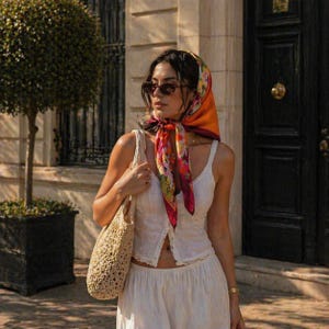 Può includere: Una donna indossa una sciarpa di seta colorata, occhiali da sole e un completo bianco, con una borsa tote intrecciata. La sciarpa presenta un motivo floreale con tonalità arancioni, rosse e rosa. L'outfit include una canotta e una gonna.