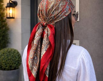 Röd paisleyfärgad sidenhalsduk, fyrkantig bandana, bohemisk hårsjal, present till huvudduk för kvinnor