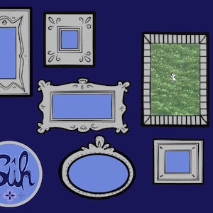 Puede incluir: Ilustración de varios marcos de fotos de diversas formas y tamaños, incluyendo rectangulares, cuadrados y ovalados. Los marcos son grises con interiores azules, sobre un fondo azul oscuro. También hay un logotipo circular con la palabra "Sih".