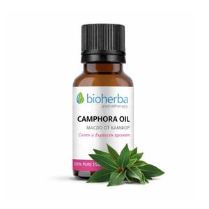 May include: A brown glass bottle of Camphora Oil with a black cap and a white label. The label features the brand name "bioherba" and the text "CAMPHORA OIL". A sprig of green leaves is next to the bottle. The text "100% PURE ESS." is at the bottom.