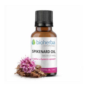 Può includere: Una bottiglia di vetro marrone di olio di nardo Bioherba con un tappo nero, un'etichetta bianca e un rametto di fiori viola. L'etichetta recita "SPIKENARD OIL" e "ESSENTIAL OIL - 5 ml".