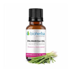 May include: A brown glass bottle of Palmarosa Oil with a black cap, labeled "bioherba aromatherapy." The label includes text in multiple languages. A bundle of green herbs is next to the bottle. The bottle contains 10ml of 100% pure essential oil.