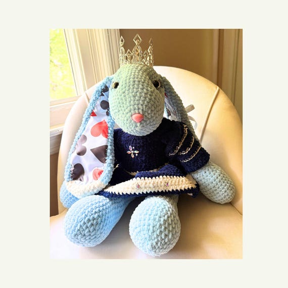 Queen of Diamonds Crochet Bunny, Navy Rhinestone Gown Art Doll, OOAK Heirloom Plush Collector