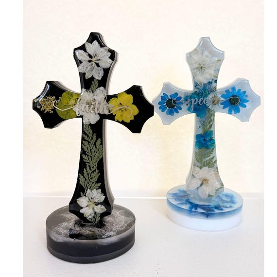 Handmade Pressed Flower Resin Cross, Christian Home Decor, Faith Hope Love Peace Floral Symbol
