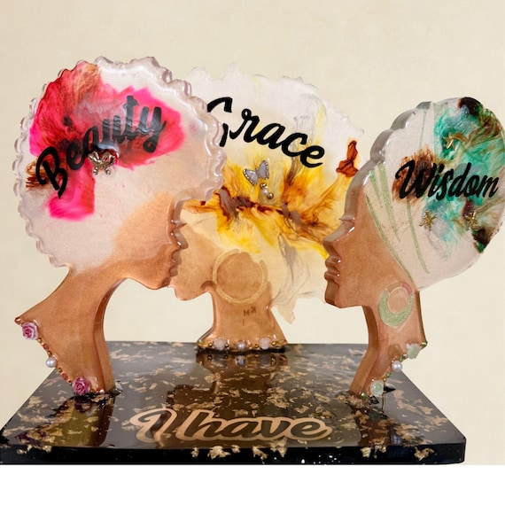 Black Women Resin Art Set, Beauty Grace Wisdom Affirmation Decor, Afrocentric Statement Piece