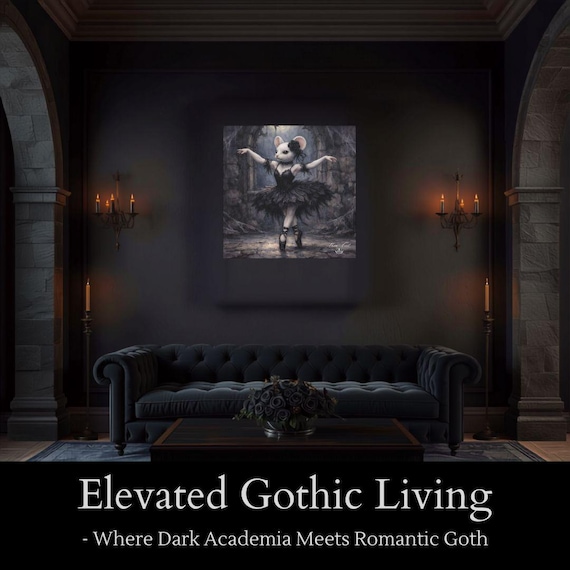 Gothic Ballerina Mouse Canvas Print | Dark Academia Wall Art | Whimsical Goth Animal Painting