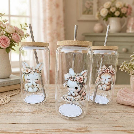Floral Bunny Glass Tumblers with Bamboo Lids and Metal Straws