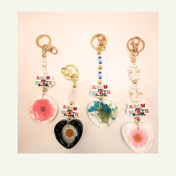 Pressed Flower Resin Heart Keychain, Know Your Worth Affirmation Charm, Boho Bag Accessory