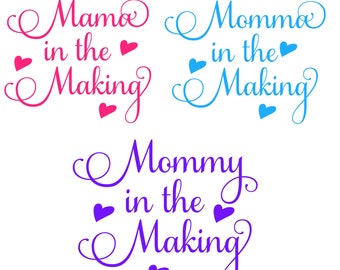 May include: Three variations of a pregnancy announcement graphic with the text "Mommy in the Making" in pink, blue, and purple with hearts.