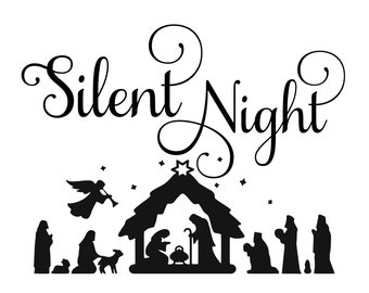 May include: Black and white illustration of the nativity scene with the text "Silent Night" above. The scene includes a manger, a star, an angel, Mary, Joseph, and a baby Jesus.