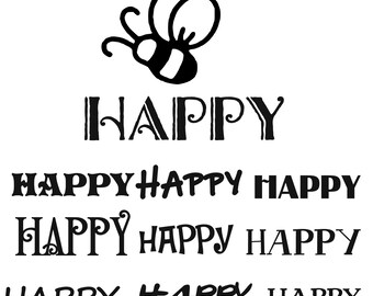 May include: Black and white graphic design with the word "HAPPY" repeated multiple times in different fonts and sizes. A stylized bee illustration is at the top of the design.