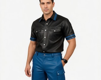 Set zwart leren overhemd en blauwe cargoshort voor heren – casual mode-look