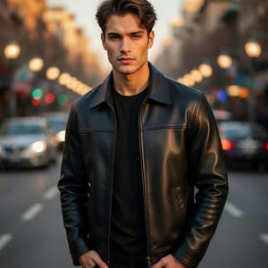 May include: A black leather jacket with a zipper closure and a collared neckline. The jacket is worn over a black t-shirt. The background shows a city street with cars and blurred lights.