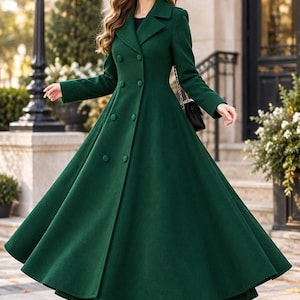 Women's Wool Coat Long Swing Coat Green Double Breasted Coat Dramatic Full Skirt Winter Coat Vintage Style Coat Gift