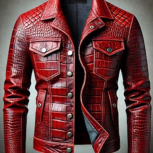 Men's Red Crocodile Print Leather Jacket, Snap Button Trucker Jacket, Handmade Genuine Leather Biker Coat, Bold Statement Outerwear