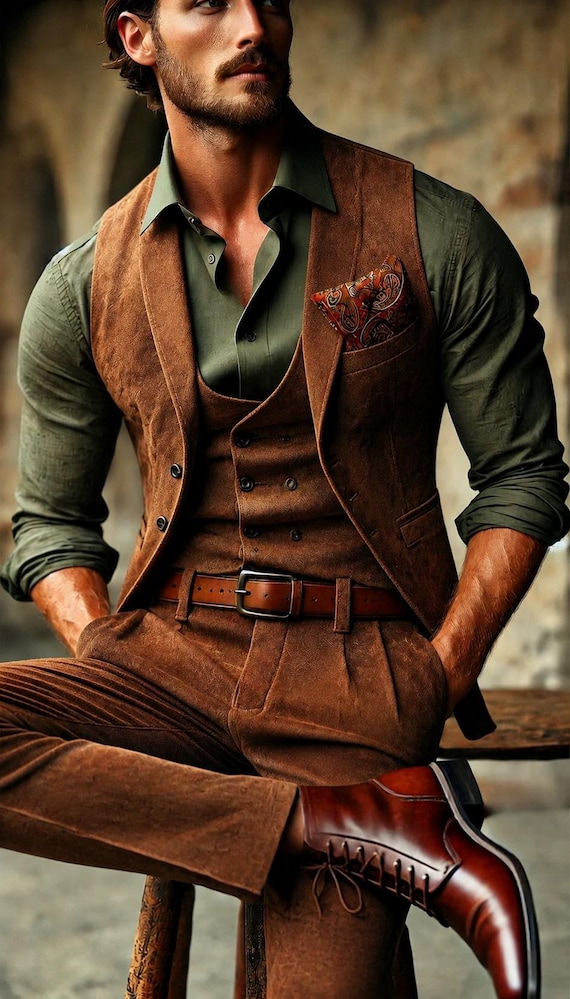 Men's Brown Suede Leather 3-Piece Suit, Handmade Formal Wedding Outfit