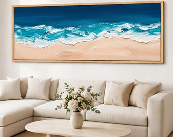 Panoramic Coastal Wave Canvas Print, Beach Foam Wall Art, Extra Wide Ocean Shoreline Giclee on Cotton Canvas