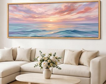 Pastel Ocean Sunset Canvas Print Framed Coastal Wall Art Extra Wide Seascape Giclee on Cotton Canvas