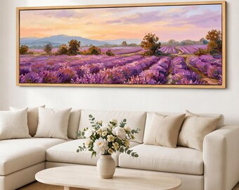 Wildflower Field Canvas Wall Art, Lavender Meadow Panorama, Sunset Landscape, Wide Floral Giclee Canvas Print