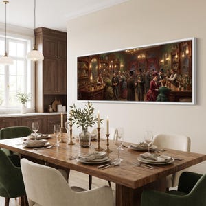 May include: A panoramic wall art print depicting a crowded 19th-century tavern scene with people in period clothing, top hats, and dresses, displayed in a white frame on a beige wall above a wooden dining table with chairs and candles.