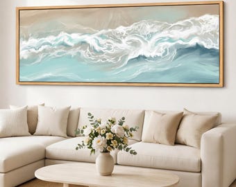 Sea Mist Wave Canvas Wall Art, Ocean Foam Coastal Seascape, Neutral Aqua Giclee Canvas Print, Panoramic Beach Decor