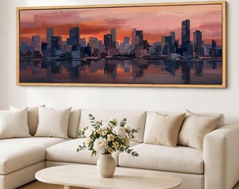 Cuadro abstracto de horizonte urbano en lienzo, impresión giclée enmarcada de paisaje urbano al atardecer, decoración minimalista panorámica de horizonte urbano.