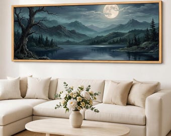 Midnight Lake Canvas Wall Art, Quiet Moon Landscape, Mist Mountain Forest, Panoramic Giclee Print