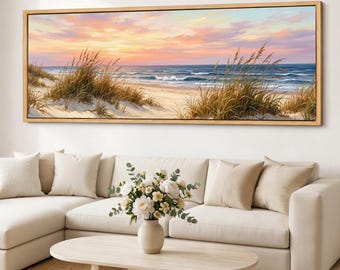 Impressão em tela com paisagem costeira, arte minimalista de dunas litorâneas, arte de parede em tons pastel com tema de praia, grande paisagem panorâmica de ondas do oceano.