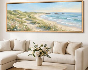 Cuadro mural costero de gran formato, paisaje marino con sendero de playa, olas de espuma de mar, panorama de flores en las dunas, decoración minimalista de playa.