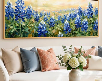 Texas Bluebonnet Field Canvas Wall Art, Giclee on Cotton Canvas, Extra Wide Panoramic Landscape, Gallery Wrapped, Ready to Hang