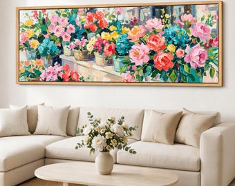 Pastel Floral Canvas Wall Art, Panoramic Flower Bouquet Print, Window Bloom Giclee on Cotton Canvas, Wide Wall Decor