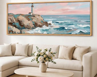Pastel Lighthouse Coastal Canvas Print, Rocky Coast Seascape Wall Art, Panoramic Sea Cliff Giclee Framed Canvas