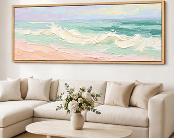 Seafoam Canvas Wall Art, Pastel Beach Canvas, Minimal Seascape, Panoramic Coastal Giclee on Cotton Canvas