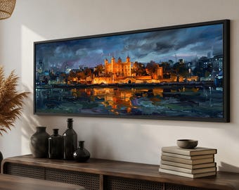 Tower of London Canvas Wall Art, Thames Skyline Decor, Abstract UK Landmark Cityscape, Panoramic Giclee Cotton Print